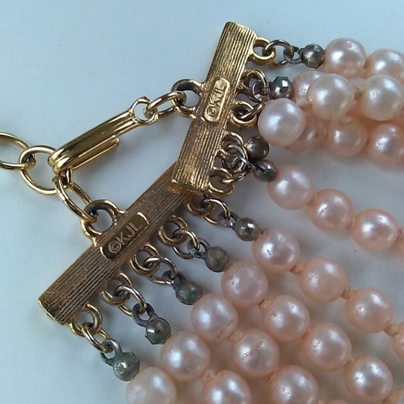 VINTAGE KJL 5-Strand Soft Pink Glass Pearl Necklace - Picture 14 of 16